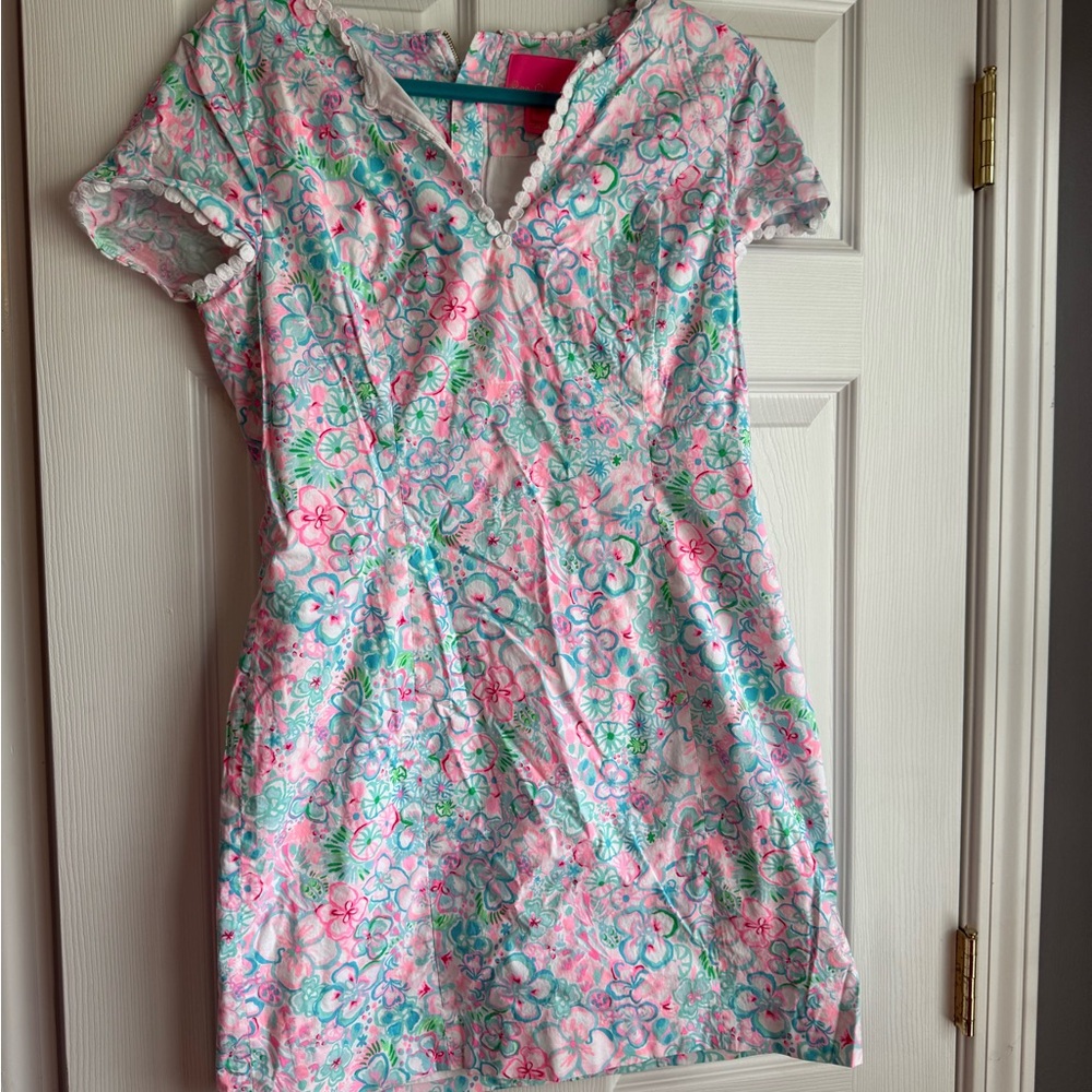 Lilly Pulitzer Pink, Aqua & Green Floral V-Neck Shift Dress